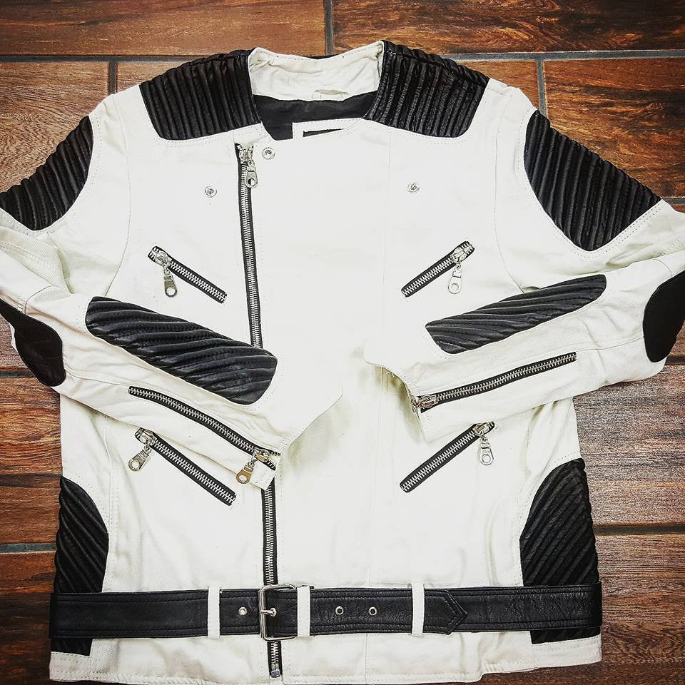 White Denim Motorcycle Jacket  w/ Black Genuine Lambskin Leather - Reps And Scales