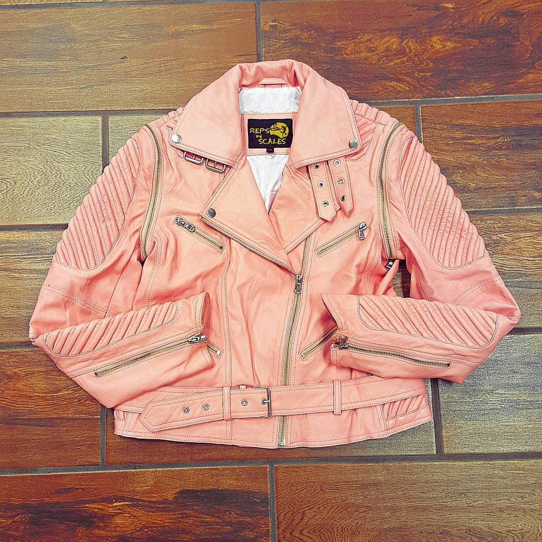 Ladies Pink Lambskin Leather Motorcycle Jacket/Vest Combo - Reps And Scales
