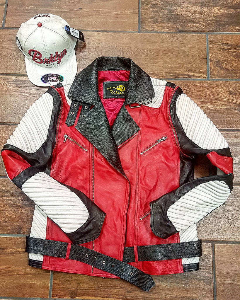 Red White & Black Lambskin Moto Jacket/ Vest Combo - Reps And Scales