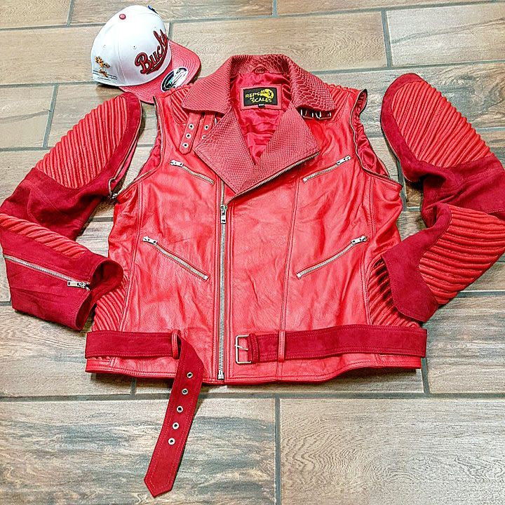 Red Suede w/ Red Lambskin Leather Moto Jacket  & Removable Suede Belt - Reps And Scales